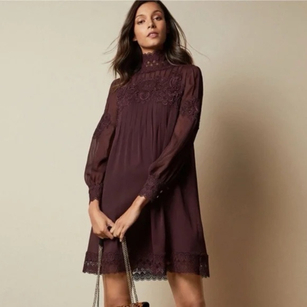 TED Baker London Elegant Lace Detail Burgundy Dress - Picture 2 of 16